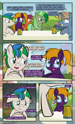 Size: 1920x3168 | Tagged: safe, artist:alexdti, derpibooru import, oc, oc only, oc:brainstorm (alexdti), oc:purple creativity, oc:screwpine caprice, oc:star logic, oc:vee, pegasus, pony, unicorn, comic:quest for friendship, angry, comic, crying, dialogue, ears, female, floppy ears, folded wings, glasses, grammar error, grin, high res, hooves, horn, lidded eyes, looking at someone, looking away, male, mare, mug, narrowed eyes, nervous, nervous grin, open mouth, open smile, outdoors, pegasus oc, ponytail, question mark, sad, shrunken pupils, smiling, speech bubble, stallion, unicorn oc, wavy mouth, wings