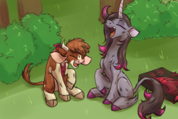 Size: 1800x1200 | Tagged: safe, artist:redahfuhrerking, derpibooru import, arizona cow, oleander, cow, unicorn, them's fightin' herds, book, bush, community related, duo, eyes closed, female, grass, laughing, mare, open mouth, outdoors, sitting, tree, unicornomicon