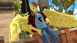 Size: 1920x1080 | Tagged: safe, artist:anthroponiessfm, derpibooru import, oc, oc:rory kenneigh, anthro, pegasus, anthro oc, clothes, jeans, looking at you, male, pants, pointing, shirt, t-shirt