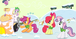 Size: 1750x912 | Tagged: safe, artist:sallycars, derpibooru import, apple bloom, big macintosh, derpy hooves, pinkie pie, rarity, scootaloo, spike, sweetie belle, oc, oc:fluffle puff, dragon, earth pony, pegasus, pony, unicorn, 2014, apple bloom's bow, bow, cutie mark crusaders, female, filly, foal, hair bow, helicopter, male, mare, ms paint, slenderpony, snow, stallion, winter wrap up vest