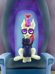 Size: 1558x2113 | Tagged: safe, artist:moonlightrift, derpibooru import, moondancer, pony, unicorn, castle of the royal pony sisters, glowing, glowing eyes, magic, mind control, moonlight, solo, throne, throne room