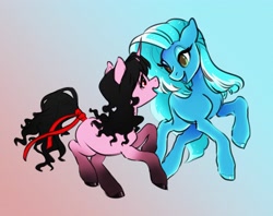 Size: 3766x2987 | Tagged: safe, artist:opalacorn, derpibooru import, oc, oc only, earth pony, pony, unicorn, duo, female, gradient background, looking at each other, mare, open mouth, open smile, ribbon, smiling, smiling at each other, tail wrap