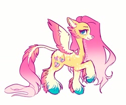 Size: 1518x1264 | Tagged: safe, artist:viggyverse, derpibooru import, fluttershy, pegasus, pony, alternate design, female, mare, raised hoof, raised leg, simple background, solo, unshorn fetlocks, white background