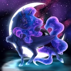 Size: 2000x2000 | Tagged: safe, artist:lucinda250, derpibooru import, princess luna, alicorn, pony, constellation, crescent moon, crying, eyes closed, female, looking at you, mare, moon, night, solo, stars