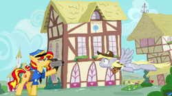 Size: 2527x1420 | Tagged: safe, artist:sallycars, derpibooru import, derpy hooves, sunset shimmer, pegasus, pony, unicorn, 2016, female, mailmare, mare, ms paint, police uniform