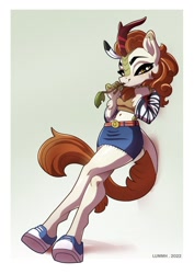 Size: 724x1024 | Tagged: safe, artist:lummh, derpibooru import, autumn blaze, anthro, kirin, unguligrade anthro, belly button, belt, belt buckle, clothes, commission, female, leaning, leaning back, looking at you, midriff, mischievous, shoes, skirt, smiley face, smiling, smiling at you, solo, stick