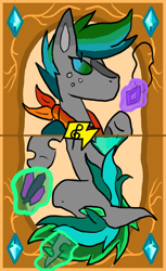 Size: 1269x2069 | Tagged: safe, derpibooru import, oc, oc:thundernote, changeling, hybrid, pegasus, pony, amulet, arcana focus, background, bandana, blaze (coat marking), coat markings, crystal, duo, facial markings, freckles, gem, glowing, glowing horn, green changeling, horn, jewelry, krita, magic, multi-maned, multicolored hair, new version, new vs old, old version, spots, two toned mane