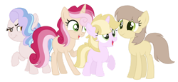 Size: 1280x587 | Tagged: safe, artist:monochrome-sunsets, derpibooru import, oc, oc only, earth pony, pony, unicorn, female, filly, foal, magical gay spawn, magical lesbian spawn, offspring, parent:caesar, parent:coconut cream, parent:cozy glow, parent:dinky hooves, parent:donut joe, parent:flim, parent:princess cadance, parent:zippoorwhill, simple background, transparent background