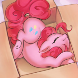 Size: 2671x2671 | Tagged: safe, artist:mirroredsea, derpibooru import, pinkie pie, earth pony, pony, behaving like a cat, box, cardboard box, cute, daaaaaaaaaaaw, diapinkes, eyes closed, female, high res, if i fits i sits, mare, ponk, pony in a box, solo, stray strand, weapons-grade cute