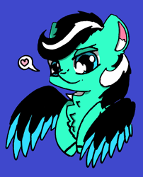 Size: 728x901 | Tagged: safe, artist:rainbowwing, derpibooru import, oc, oc only, oc:frostbite(zzy), pegasus, pony, black and white mane, blue background, ear fluff, ears, hoof hold, looking at you, pegasus oc, simple background, smiling, solo, speech bubble, wings