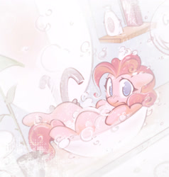 Size: 3803x4000 | Tagged: safe, artist:mirroredsea, derpibooru import, pinkie pie, earth pony, pony, bath, blushing, bubble, bubble bath, cute, diapinkes, female, looking at you, mare, no pupils, sink, soap, soap suds, solo