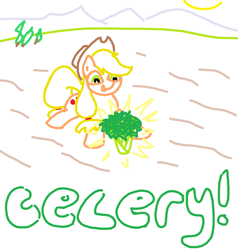 Size: 855x899 | Tagged: safe, artist:purblehoers, derpibooru import, applejack, earth pony, pony, applejack's hat, celery, clothes, cowboy hat, excited, farm, female, field, hat, mare, mountain, mountain range, ms paint, outdoors, solo, standing, sun, text, tree