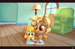 Size: 3028x2000 | Tagged: safe, artist:storyteller, derpibooru import, oc, oc only, oc:cinni swirl, oc:omelette, earth pony, pony, chair, crayon, crayon drawing, cute, duo, earth pony oc, female, foal, high res, indoors, lamp, lying down, mare, mouth hold, ocbetes, prone, smiling, table, window, wooden floor