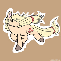 Size: 1280x1280 | Tagged: safe, artist:catfibsh, derpibooru import, applejack, earth pony, pony, brown background, female, hatless, mare, missing accessory, outline, running, simple background, smiling, solo, white outline, windswept mane