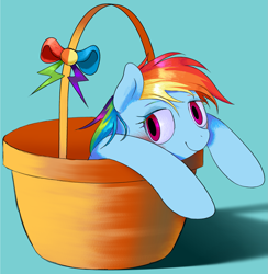 Size: 1563x1604 | Tagged: safe, artist:relighted, derpibooru import, rainbow dash, pegasus, pony, basket, blushing, female, hidden wings, mare, shiny mane, simple background, smiling, solo