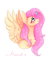 Size: 1280x1465 | Tagged: safe, artist:adele-blooming-art, derpibooru import, fluttershy, butterfly, pegasus, pony, blushing, bust, chest fluff, female, looking up, mare, simple background, smiling, solo, spread wings, white background, wings