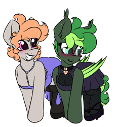 Size: 1335x1473 | Tagged: safe, artist:k-kopp, derpibooru import, oc, oc only, oc:ink drop, oc:jaded nights, bat pony, earth pony, blushing, clothes, collar, dress, glasses, simple background, transparent background