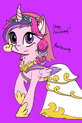 Size: 858x1279 | Tagged: safe, artist:rainbowwing, derpibooru import, princess cadance, alicorn, pony, canterlot wedding 10th anniversary, clothes, dress, ear fluff, ears, female, floral head wreath, flower, folded wings, heart eyes, hoof shoes, looking at you, mare, purple background, raised hoof, raised leg, signature, simple background, smiling, smiling at you, solo, wedding dress, wingding eyes, wings