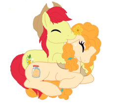 Size: 601x510 | Tagged: safe, artist:decokelow, derpibooru import, bright mac, pear butter, earth pony, pony, base used, biting, brightbutter, ear bite, eyes closed, female, flower, hat, hug, hugging a pony, lying down, male, mare, parent, requested art, shipping, simple background, stallion, straight, white background
