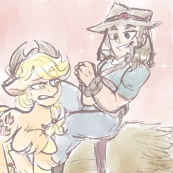 Size: 1000x1000 | Tagged: safe, artist:mimiporcellini, derpibooru import, applejack, earth pony, human, colored sketch, crossover, crossover shipping, hol horse, holjack, interspecies, jojo's bizarre adventure, shipping