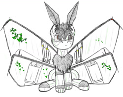 Size: 1280x1004 | Tagged: safe, alternate version, artist:zocidem, derpibooru import, oc, oc only, oc:wrench, cyborg, earth pony, moth, mothpony, original species, pony, artificial wings, augmented, chest fluff, mechanical wing, solo, wings