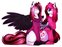 Size: 1600x1200 | Tagged: safe, artist:purplegrim40, derpibooru import, oc, oc only, pegasus, pony, bandage, clothes, duo, ear piercing, heterochromia, one wing out, pegasus oc, piercing, raised hoof, raised leg, simple background, smiling, transparent background, wings