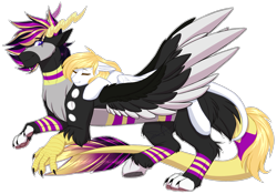 Size: 2000x1400 | Tagged: safe, artist:purplegrim40, derpibooru import, oc, oc only, draconequus, hybrid, pegasus, pony, draconequus oc, duo, eyes closed, pegasus oc, riding, simple background, sleeping, transparent background, wings