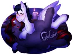 Size: 1617x1223 | Tagged: safe, artist:purplegrim40, derpibooru import, oc, oc only, pegasus, pony, candle, censored, female, hug, male, mare, one eye closed, pegasus oc, simple background, stallion, straight, transparent background, wink