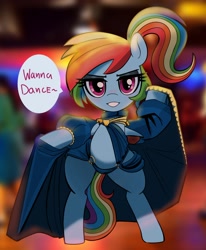 Size: 1950x2369 | Tagged: safe, artist:_ton618_, derpibooru import, rainbow dash, pegasus, pony, alternate hairstyle, belly, bipedal, clothes, exposed belly, female, gameloft interpretation, lidded eyes, mare, ponytail, solo, speech bubble, talking, talking to viewer