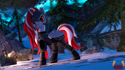 Size: 3840x2160 | Tagged: safe, artist:loveslove, derpibooru import, oc, oc only, oc:lovers, bat pony, dragon, hybrid, pony, unicorn, 3d, armor, bat ears, bat pony oc, bat pony unicorn, bat wings, dagger, female, fence, food, helmet, high res, horn, lantern, looking at you, mare, night, night sky, outdoors, raised hoof, raised leg, sky, skyrim, smiling, smiling at you, snow, solo, source filmmaker, stars, sweet roll, tail, the elder scrolls, tree, wagon, weapon, wings