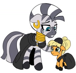 Size: 1357x1302 | Tagged: safe, artist:_ton618_, derpibooru import, applejack, zecora, earth pony, pony, zebra, alternate universe, clothes, crying, ear piercing, earring, ears, female, filly, filly applejack, floppy ears, foal, freckles, head pat, jewelry, mare, neck rings, pat, piercing, simple background, white background, younger