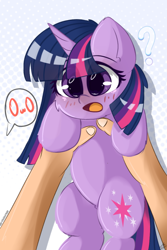 Size: 1000x1500 | Tagged: safe, artist:grithcourage, derpibooru import, twilight sparkle, unicorn twilight, human, pony, unicorn, blushing, cute, female, fluffy, grabbing, holding a pony, open mouth, owo, question mark, signature, smol, thinking, this will end in hugs, twiabetes, weapons-grade cute