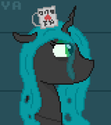 Size: 560x630 | Tagged: safe, artist:valuable ashes, derpibooru import, queen chrysalis, changeling, changeling queen, pony, canterlot wedding 10th anniversary, female, mug, pixel art, solo, tired