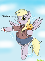 Size: 450x600 | Tagged: safe, artist:twiliset, derpibooru import, derpy hooves, pegasus, pony, chest fluff, clothes, cloud, cute, derpabetes, flying, food, happy, heart, letter, muffin, sky, smiling, solo, spread wings, wings