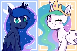 Size: 4096x2731 | Tagged: safe, artist:jellysiek, derpibooru import, princess celestia, princess luna, alicorn, pony, blushing, looking at you, one eye closed, smiling, wink