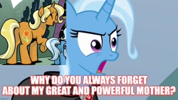 Size: 1280x720 | Tagged: safe, derpibooru import, edit, edited screencap, screencap, sunflower spectacle, trixie, pony, unicorn, magic duel, alicorn amulet, butt, cape, caption, cloak, clothes, evil trixie, female, filly, filly trixie, foal, image macro, mare, mother and child, mother and daughter, mother's day, open mouth, parent and child, plot, sunbutt spectacle, text, younger