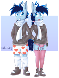 Size: 1056x1400 | Tagged: safe, artist:nehmkey, derpibooru import, oc, oc:snuggle sparkle pony, anthro, pegasus, clothes, female, heart, heart print underwear, male, panties, rule 63, scarf, underwear