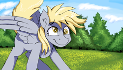 Size: 1514x864 | Tagged: safe, artist:signal15, derpibooru import, derpy hooves, pegasus, pony, cute, derpabetes, ear fluff, ears, female, grass, happy, mare, smiling, solo, tree