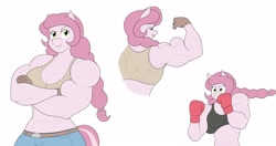 Size: 4096x2156 | Tagged: safe, artist:matchstickman, derpibooru import, oc, oc only, oc:honey suckle, anthro, earth pony, biceps, boxing, boxing gloves, breasts, clothes, dreamworks face, female, flexing, gloves, jeans, midriff, multeity, muscles, muscular female, pants, simple background, smiling, smirk, sports, sports bra