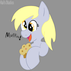 Size: 2000x2000 | Tagged: safe, artist:kaifurry, derpibooru exclusive, derpibooru import, derpy hooves, pegasus, pony, cute, derpabetes, female, food, gray background, high res, kaifurry is trying to murder us, muffin, open mouth, simple background, solo, text, that pony sure does love muffins, watermark, weapons-grade cute