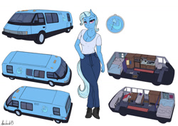 Size: 1280x905 | Tagged: safe, artist:apocheck13, derpibooru import, trixie, anthro, plantigrade anthro, unicorn, bed, boots, breasts, cleavage, clothes, crossed legs, cutaway, eyelashes, female, gmc motorhome, jewelry, mare, motorhome, necklace, pants, rv, shirt, shoes, simple background, sofa, solo, white background