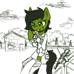 Size: 666x666 | Tagged: safe, artist:zebra, ponerpics import, oc, oc only, oc:anon filly, ak, ak-47, armor, ashes town, assault rifle, clothes, crate, eating, female, filly, foal, food, gun, hoof hold, house, pizza, respirator, rifle, sitting, solo, weapon