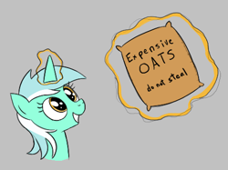 Size: 440x329 | Tagged: safe, lyra heartstrings, pony, unicorn, aggie.io, female, food, glowing horn, horn, l.u.l.s., magic, mare, oats, simple background, smiling, telekinesis