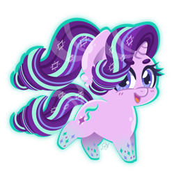 Size: 1623x1640 | Tagged: safe, artist:flyingsosser, derpibooru import, starlight glimmer, pony, unicorn, alternate hairstyle, beanbrows, chibi, colored pupils, cute, ear fluff, ears, eyebrows, glimmerbetes, open mouth, ponytail, rainbow power, simple background, solo, transparent background