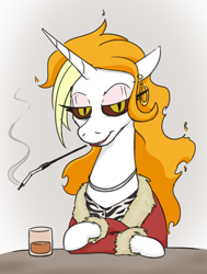Size: 386x511 | Tagged: safe, artist:jargon scott, derpibooru import, oc, oc:dyx, alicorn, pony, alcohol, bedroom eyes, cigarette, cigarette holder, clothes, ear piercing, earring, eyeshadow, female, glass, hooped earrings, jacket, jewelry, lidded eyes, lipstick, looking at you, makeup, mare, mouth hold, older, older dyx, piercing, slit eyes, smiling, smoking, solo