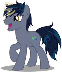 Size: 2970x3450 | Tagged: safe, artist:strategypony, derpibooru import, oc, oc only, oc:midnight slate, pony, unicorn, glowing, glowing horn, high res, horn, magic, magic aura, male, open mouth, open smile, raised hoof, raised leg, shadow, short mane, simple background, smiling, stallion, telekinesis, transparent background, unicorn oc