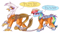 Size: 2048x1152 | Tagged: safe, artist:kreteen art, derpibooru import, gilda, rainbow dash, griffon, pony, bound wings, chained, chains, clothes, cuffed, dialogue, prison outfit, prisoner, prisoner gilda, prisoner rd, shackles, shirt, text, undershirt, wings