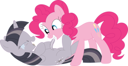 Size: 3552x1851 | Tagged: safe, artist:porygon2z, artist:wardex101, derpibooru import, edit, pinkie pie, twilight sparkle, unicorn twilight, earth pony, pony, unicorn, belly tickling, crying, discorded, discorded twilight, eyes closed, feather, laughing, lying down, mouth hold, on back, open mouth, simple background, tears of laughter, tickling, transparent background, twilight tragedy, vector