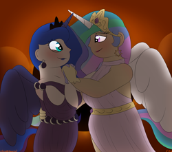 Size: 1888x1668 | Tagged: safe, artist:colorcodetheartist, derpibooru import, princess celestia, princess luna, human, crown, ear piercing, earring, eclipse, female, horn, horned humanization, humanized, incest, jewelry, lesbian, lipstick, looking at each other, looking at someone, piercing, princest, regalia, royal sisters, shipping, siblings, sisters, solar eclipse, winged humanization, wings