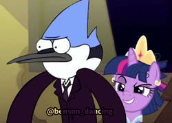 Size: 530x380 | Tagged: safe, derpibooru import, twilight sparkle, twilight sparkle (alicorn), alicorn, bird, blue jay, pony, the last problem, angry, clothes, coronation dress, crossover, crossover shipping, crown, dress, female, frown, jewelry, male, mare, messy mane, mordecai, mordetwi, necktie, regalia, regular show, second coronation dress, shipping, smiling, straight, youtube link